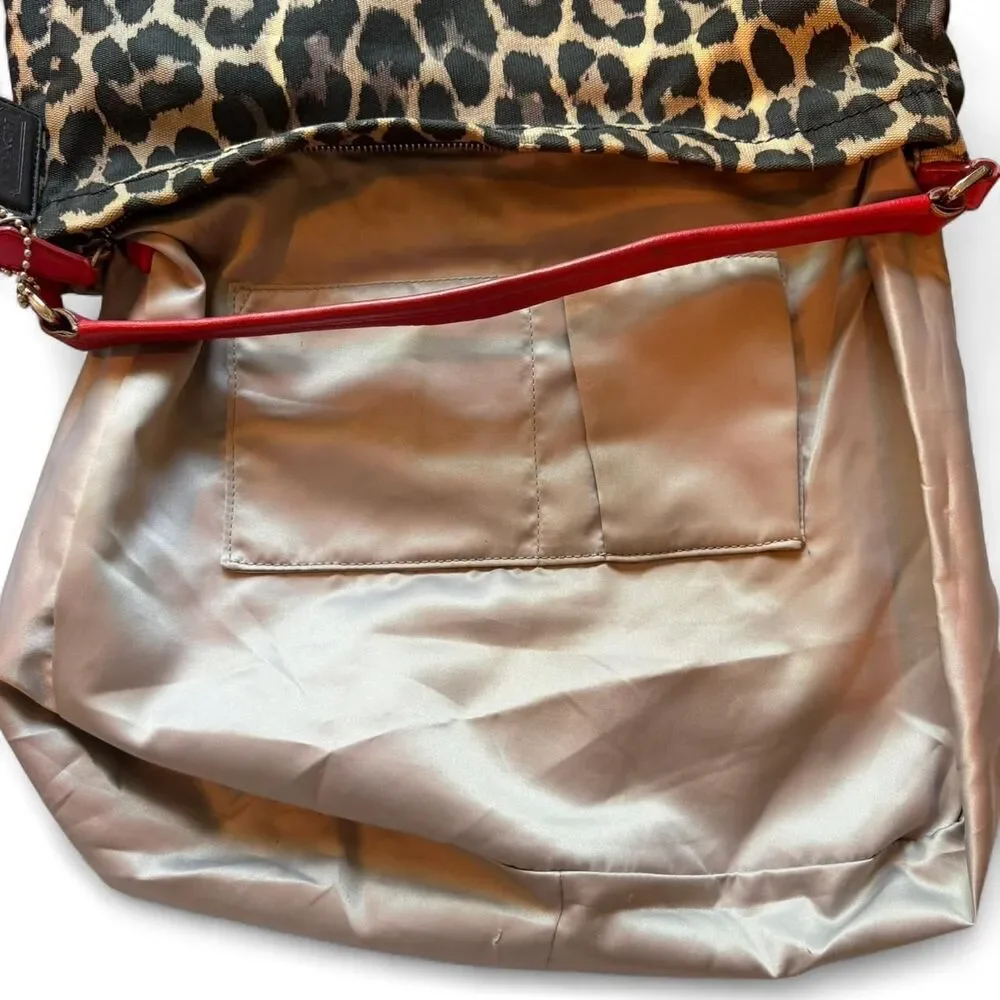 Coach Leopard Print Hobo Shoulder Bag Red Leather Trim